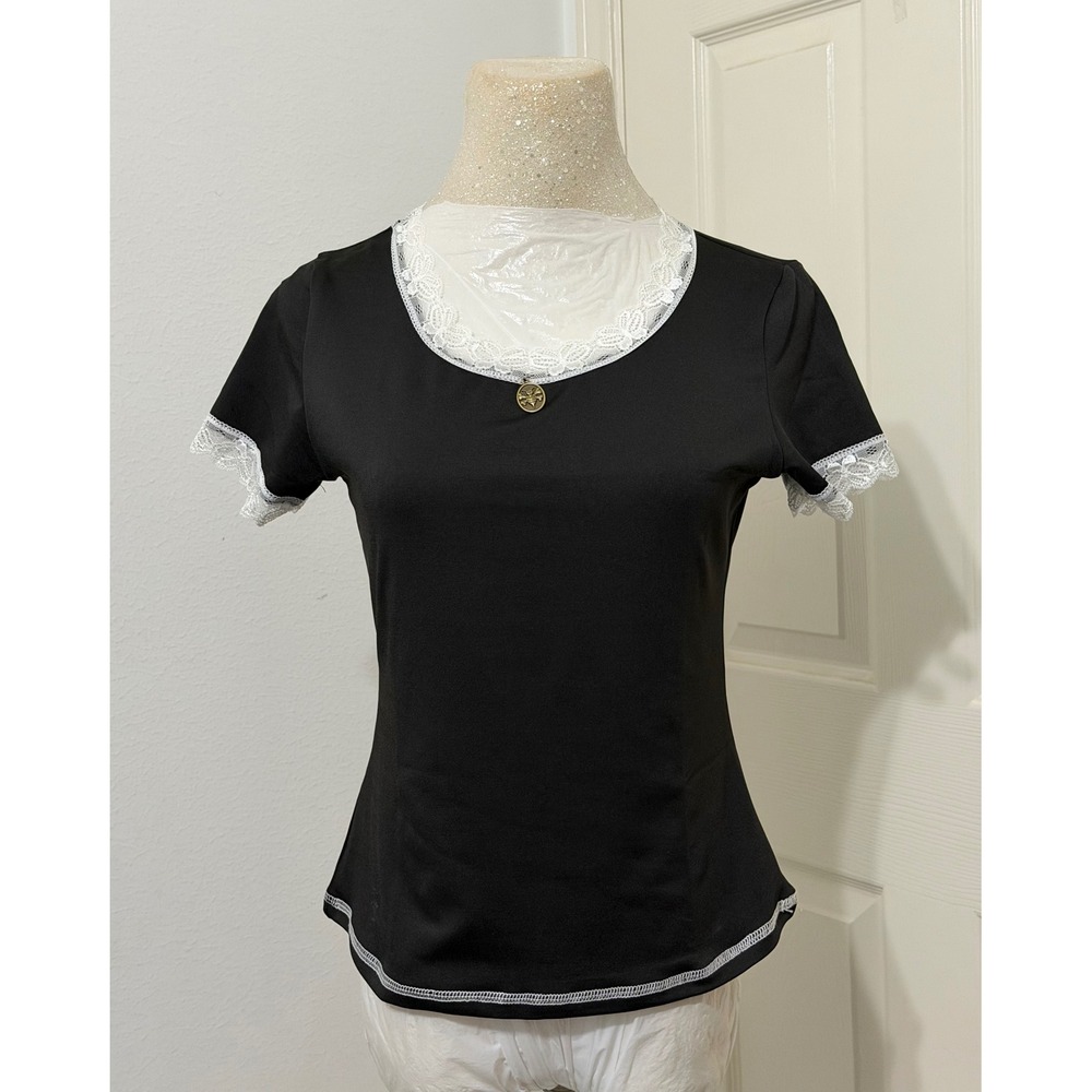 DIOK Worldwide Women's sz S Black Lace Trim Top Bee Charm Gothic Coquette‎